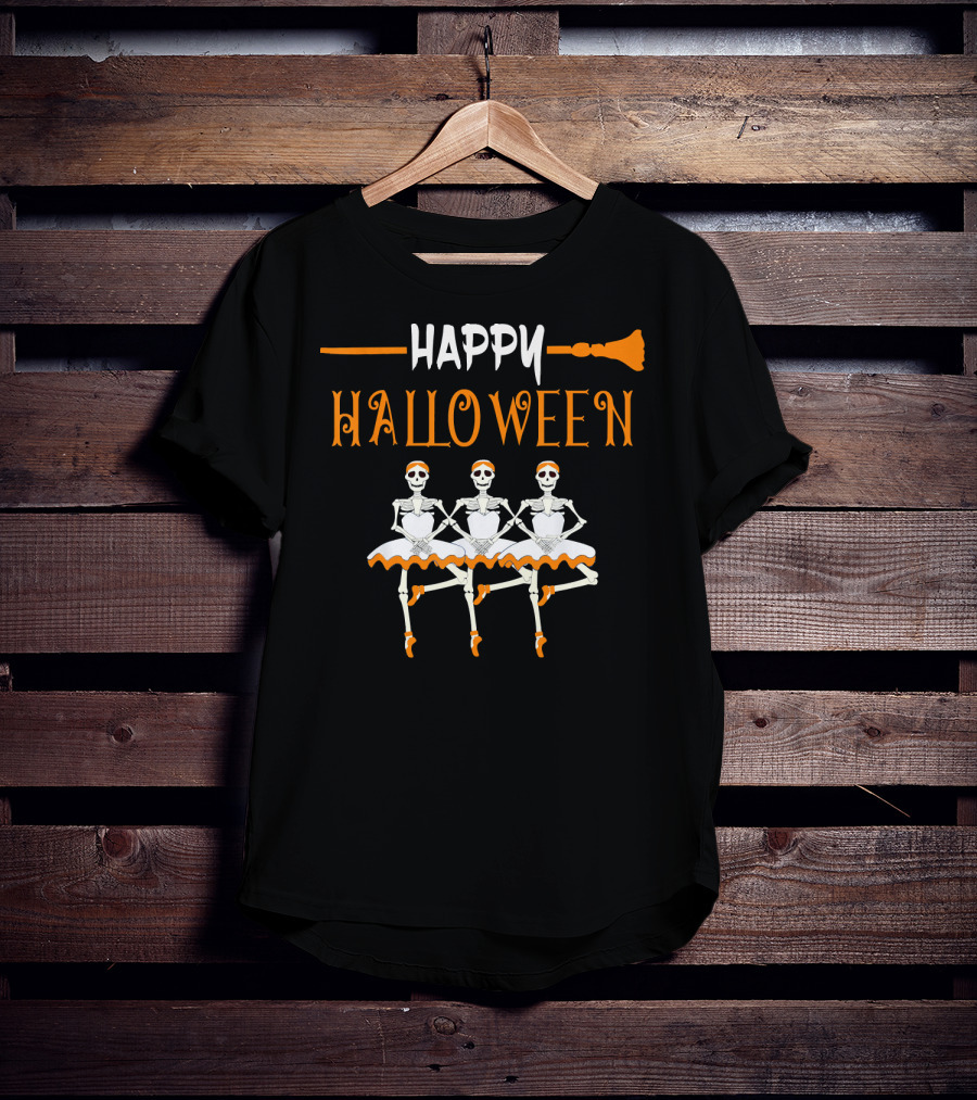 Happy Halloween Skeleton Ballerina Trio With Broomstick T-Shirt