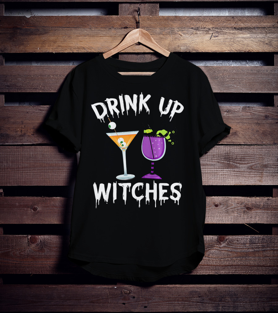 Drink Up Witches Funny Halloween Pun Cocktail Eyeball And Broomstick Drinks T-Shirt