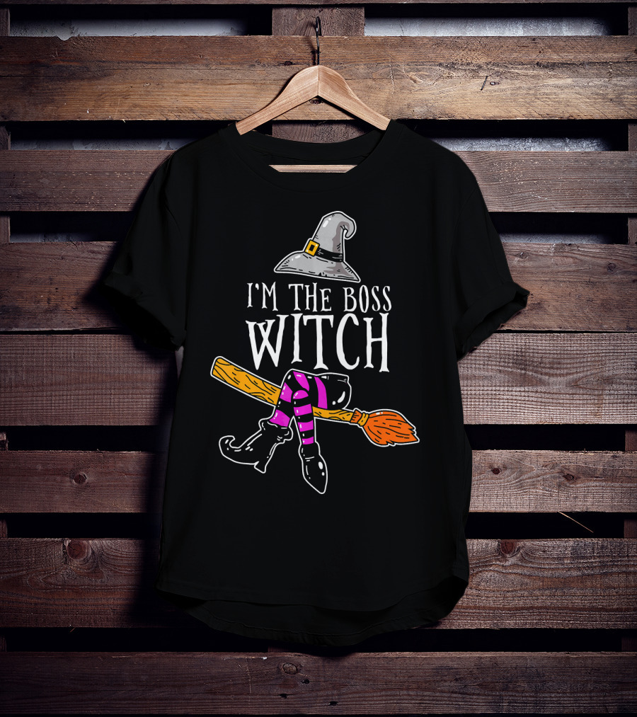 I'm The Boss Witch Funny Halloween Hat Broomstick Boots Striped Socks T-Shirt