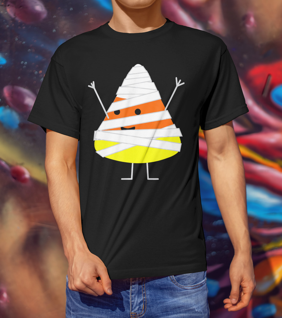 Mummy Wrapped Cartoon Candy Corn Halloween T-Shirt