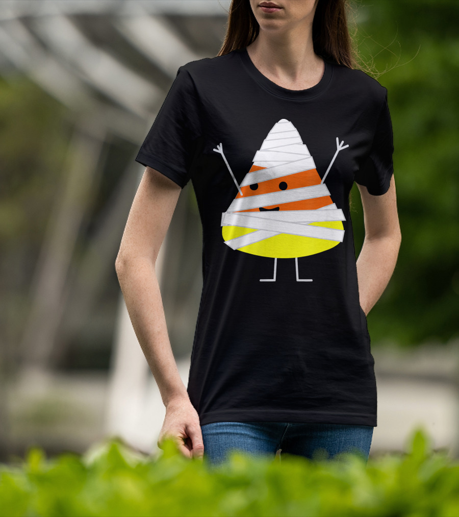 Mummy Wrapped Cartoon Candy Corn Halloween T-Shirt