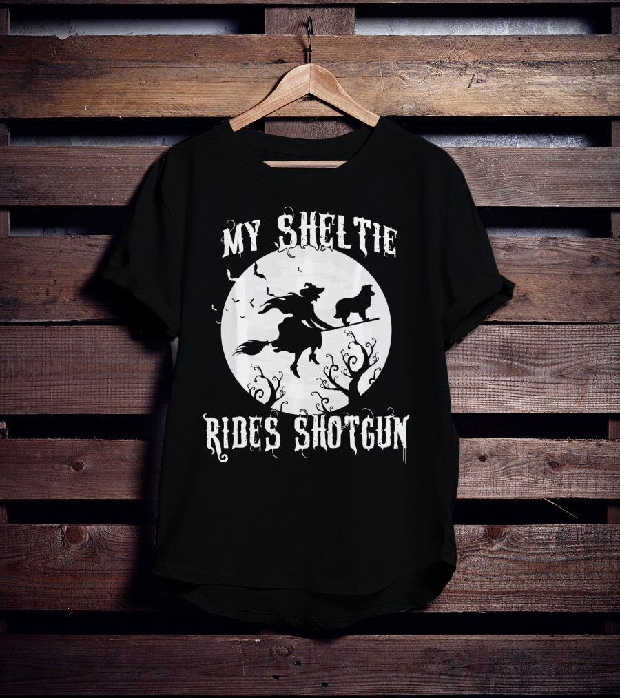 My Sheltie Rides Shotgun Halloween Witch Moon Scene T-Shirt