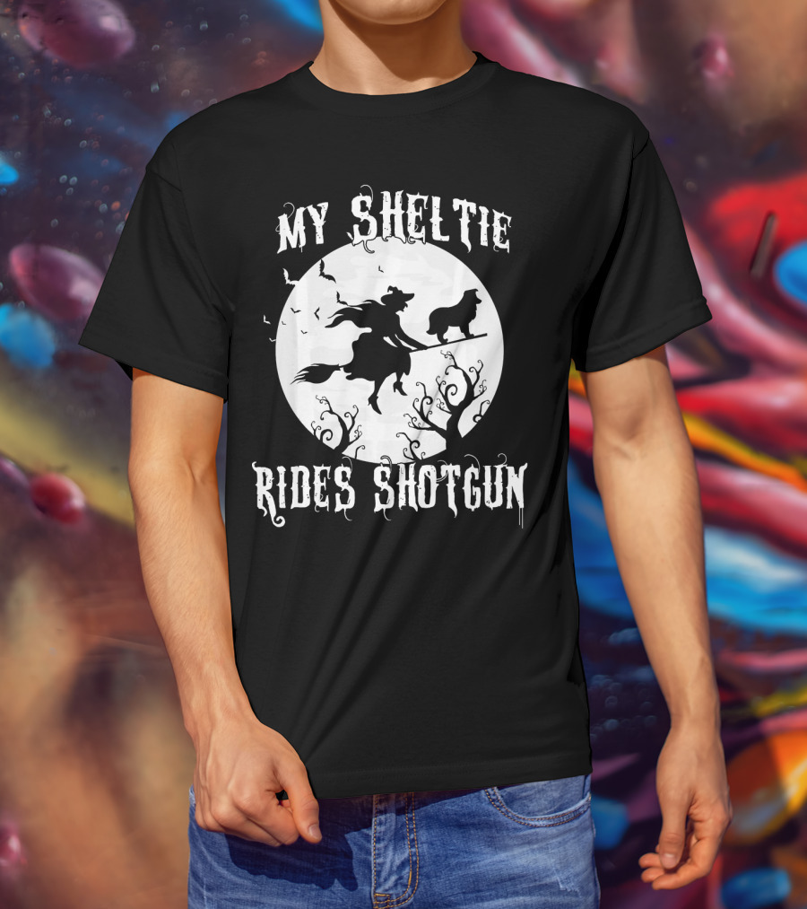 My Sheltie Rides Shotgun Halloween Witch Moon Scene T-Shirt