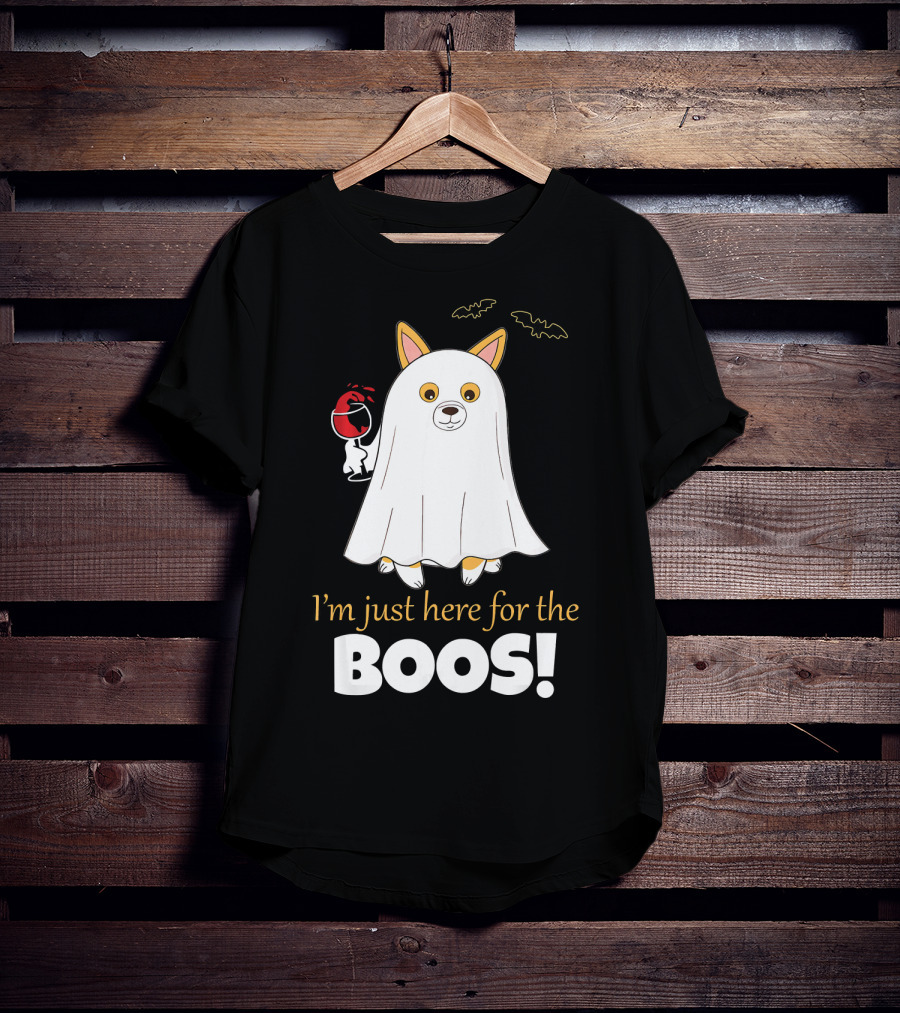 I'm Just Here For The Boos Corgi With Wine And Bat Decorations T-Shirt