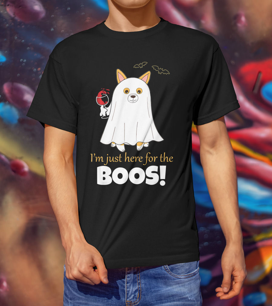 I'm Just Here For The Boos Corgi With Wine And Bat Decorations T-Shirt
