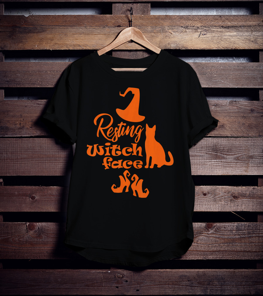 Resting Witch Face Halloween Cat Witch Hat Shoes T-Shirt