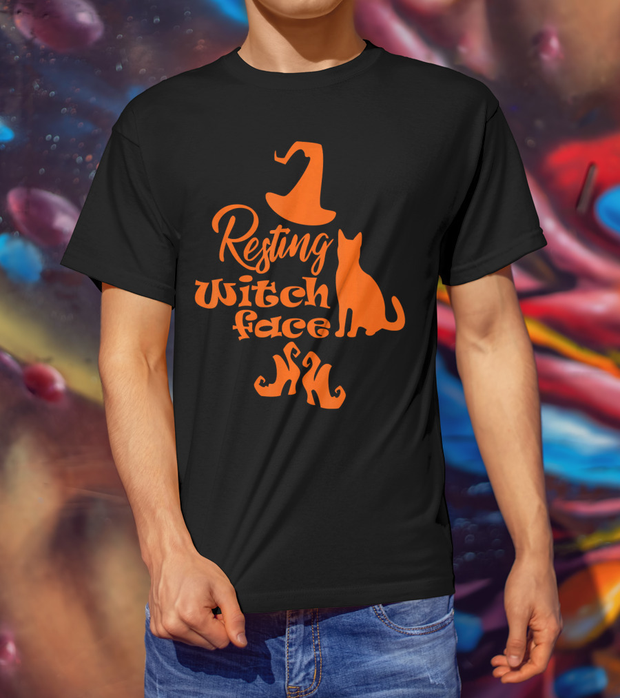 Resting Witch Face Halloween Cat Witch Hat Shoes T-Shirt