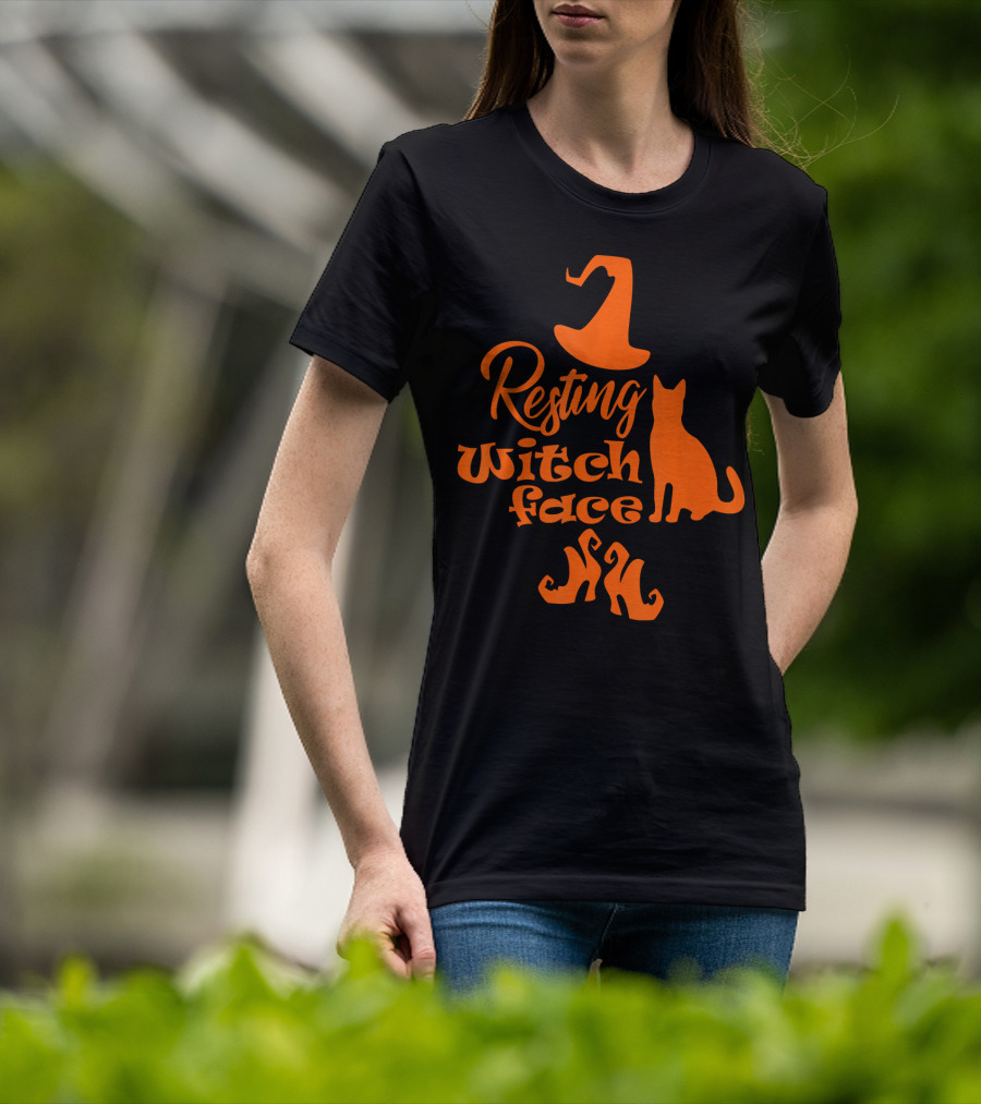 Resting Witch Face Halloween Cat Witch Hat Shoes T-Shirt