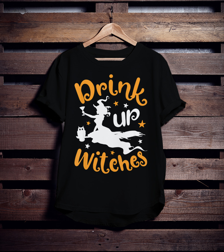 Drink Up Witches Halloween Witch Silhouette With Owl And Stars T-Shirt