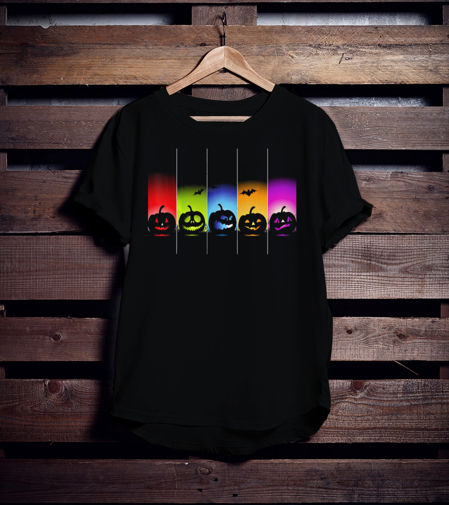 Rainbow Halloween Pumpkins With Colorful Backgrounds And Bats T-Shirt