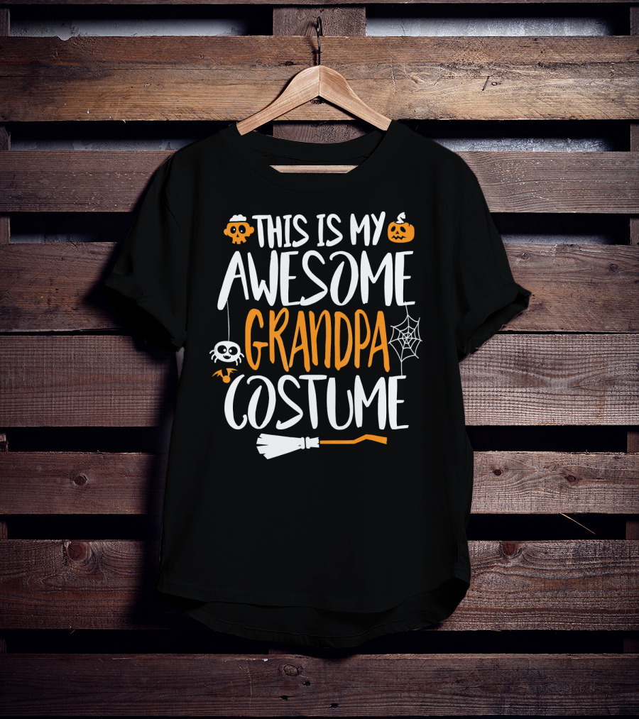 This Is My Awesome Grandpa Halloween Costume Pumpkin Spider Web Broomstick T-Shirt