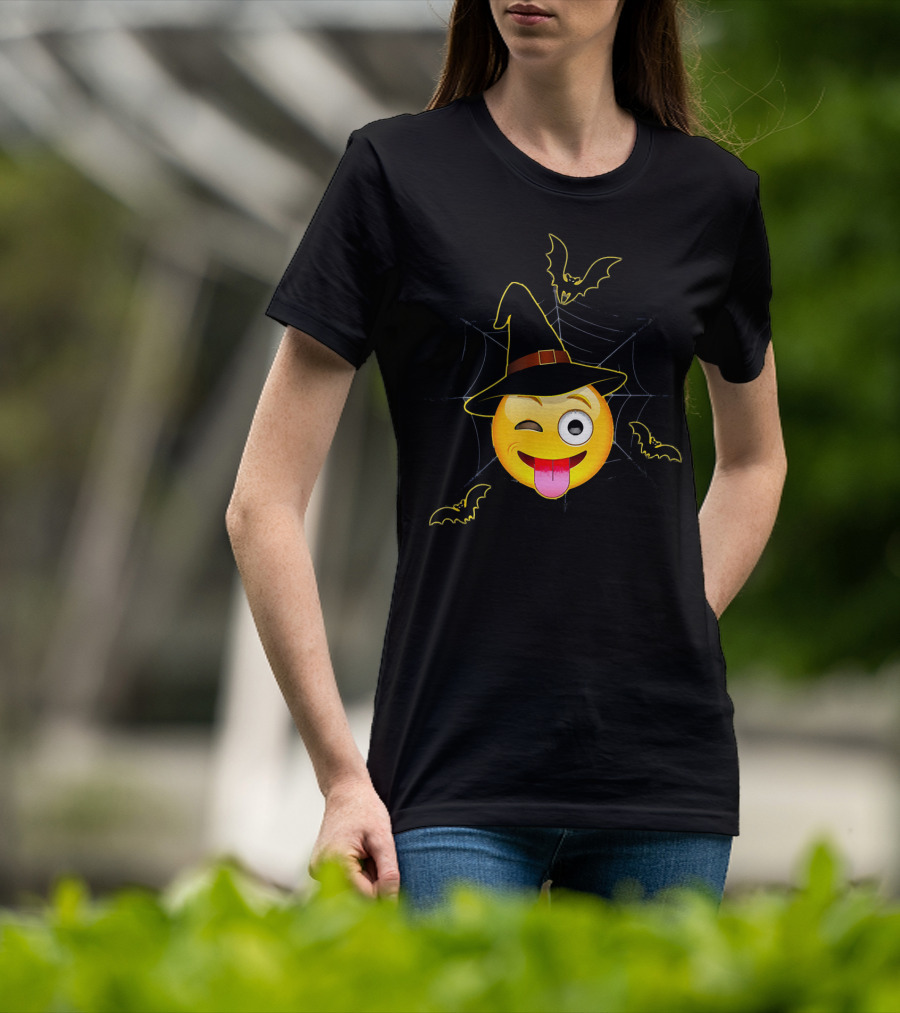 Funny Halloween Witch Emoji Winking Face With Bats And Spider Web T-Shirt