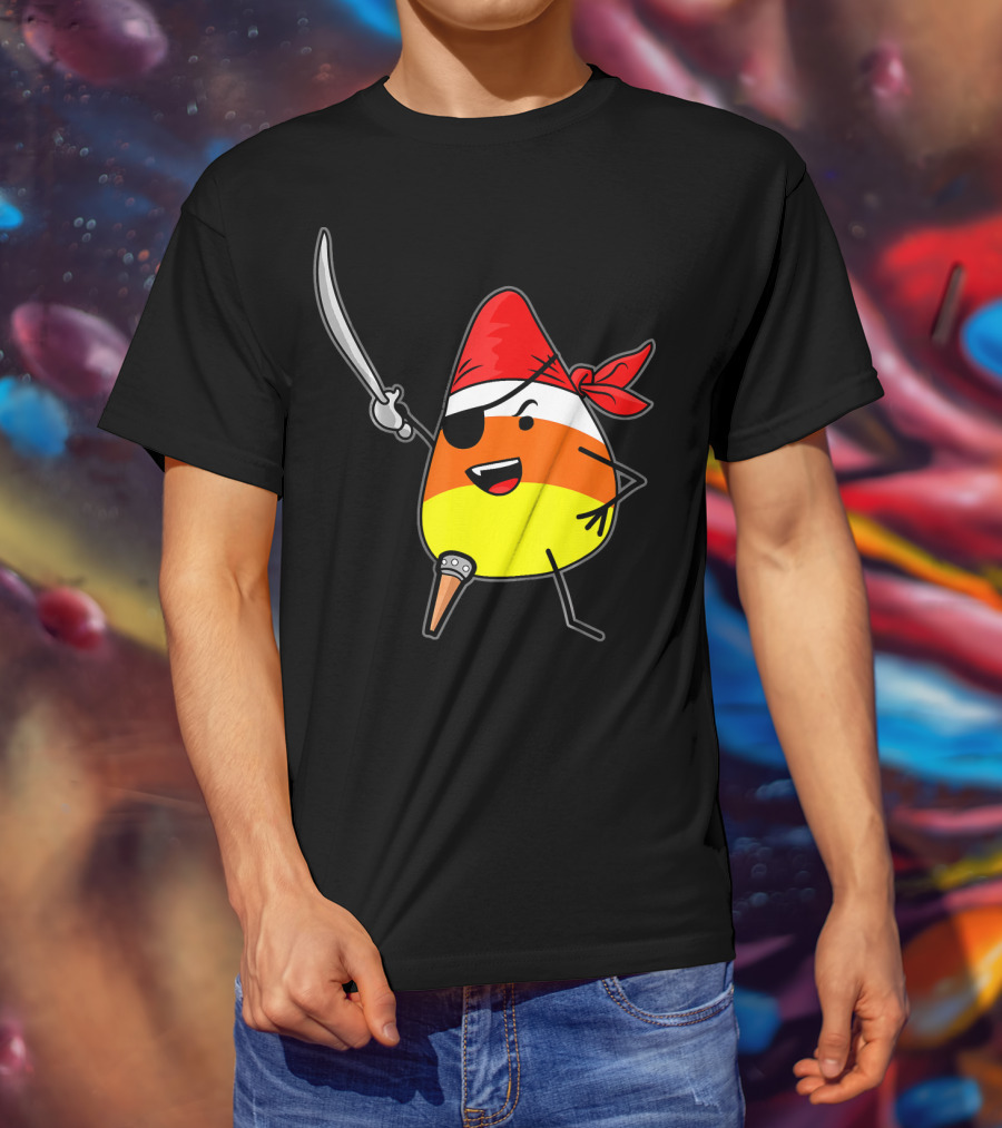 Candy Corn Pirate With Jolly Roger Sword Halloween T-Shirt
