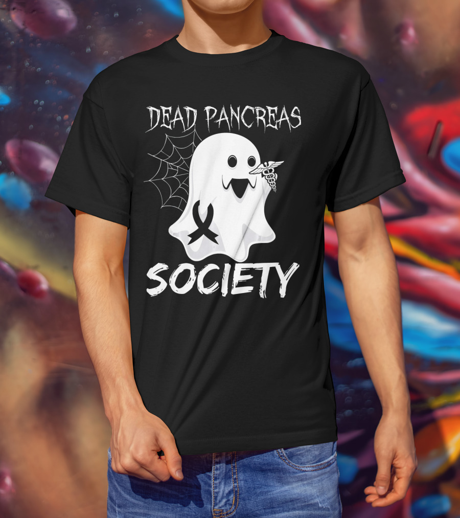 Dead Pancreas Society Ghost With Ribbon And Caduceus Diabetes Awareness T-Shirt