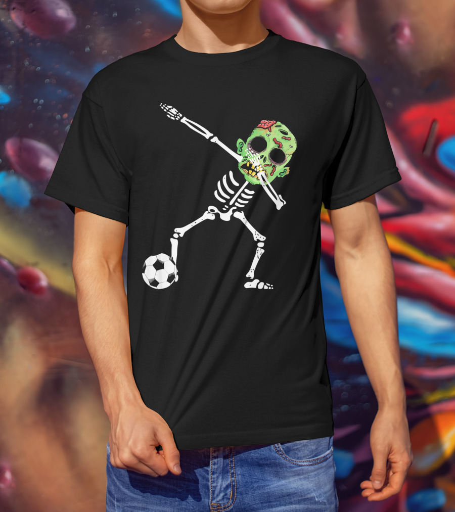 Dabbing Skeleton Soccer Zombie With Green Head T-Shirt
