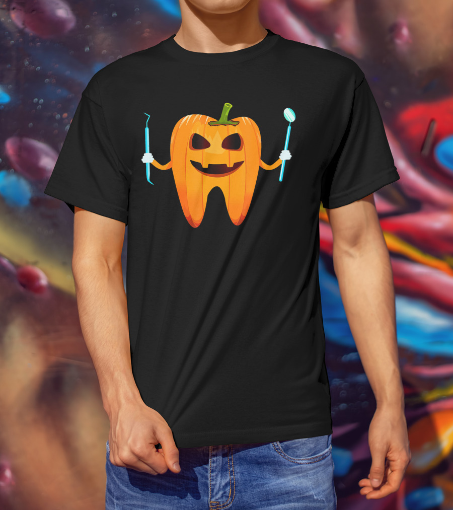 Halloween Tooth Pumpkin Holding Dental Tools T-Shirt