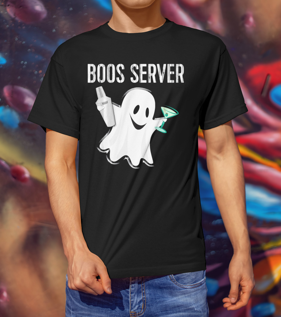 Boos Server Ghost Holding Cocktail Shaker And Martini T-Shirt