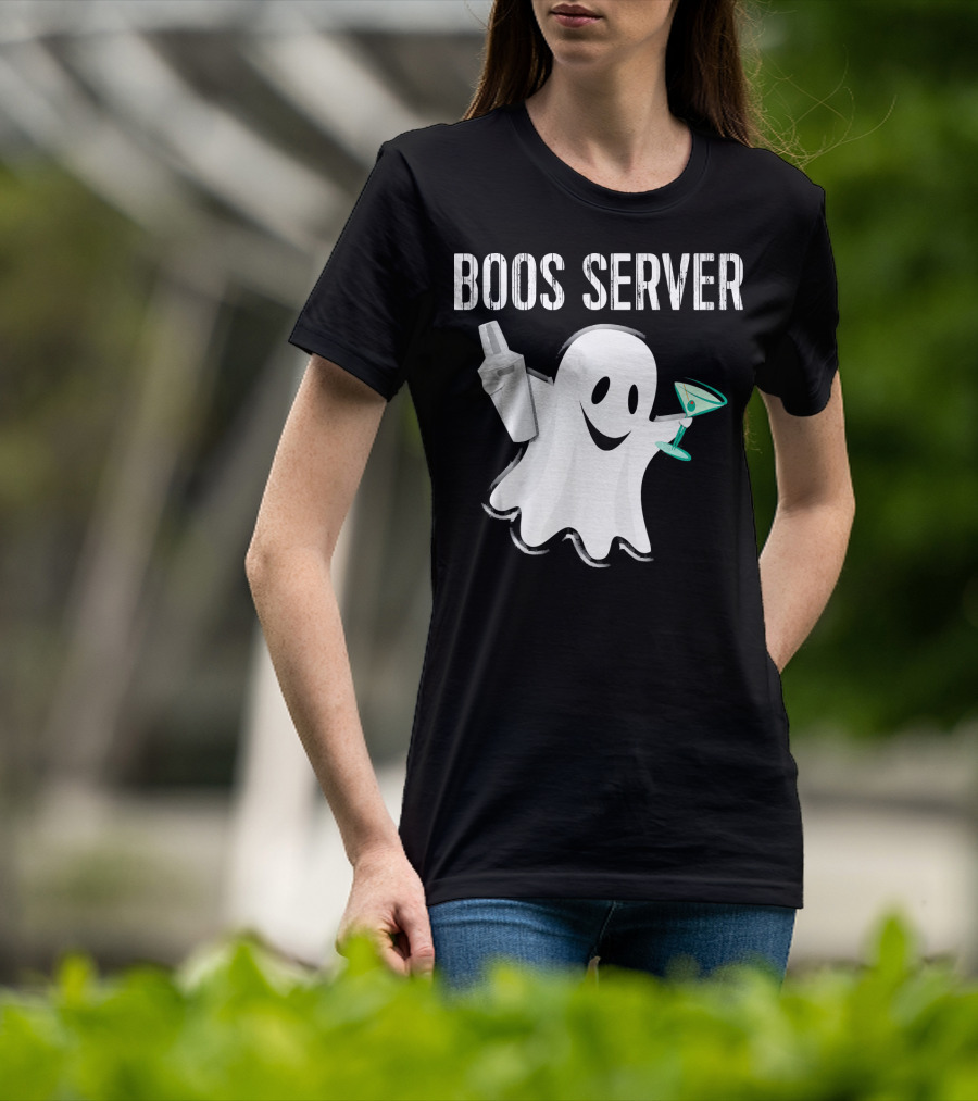 Boos Server Ghost Holding Cocktail Shaker And Martini T-Shirt