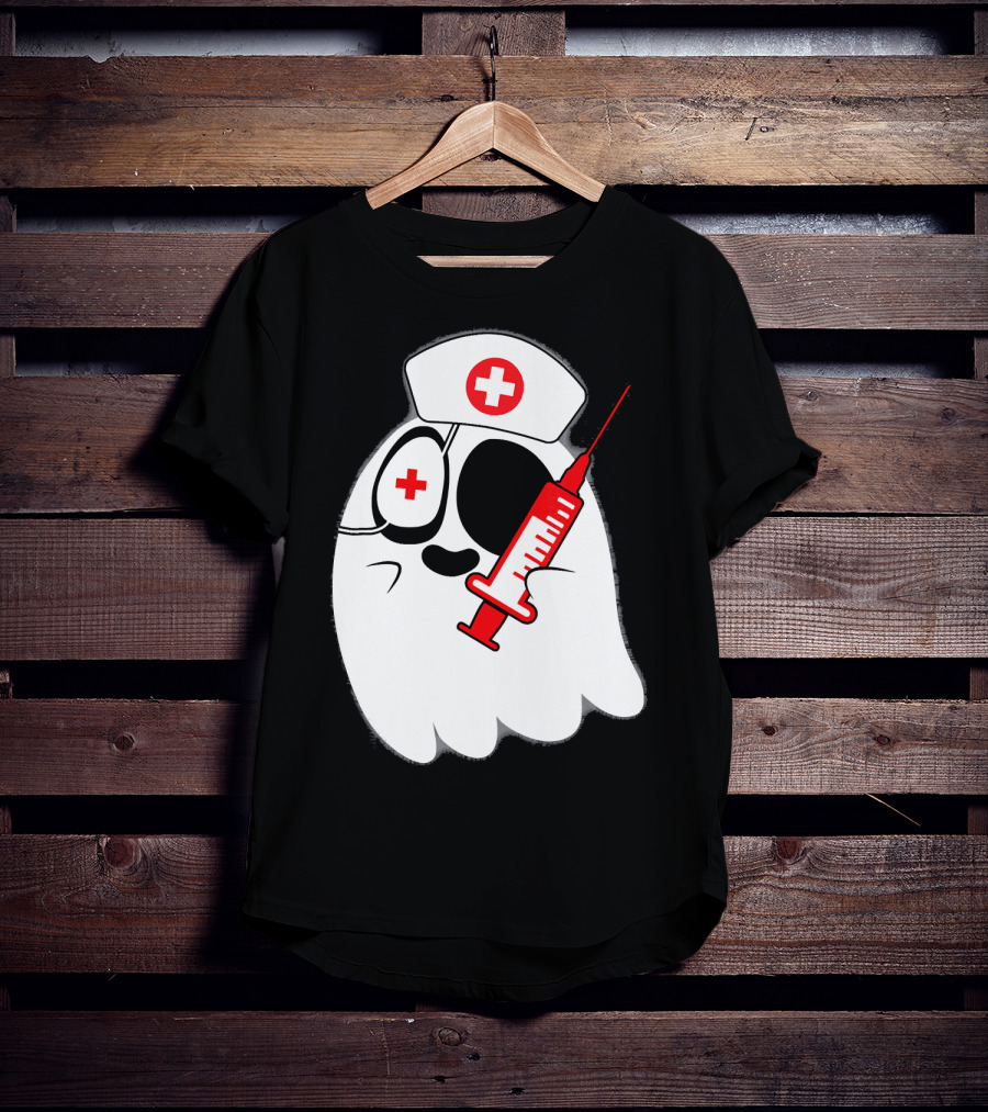 Funny Ghost Nurse Emoji With Syringe Nurse Hat T-Shirt