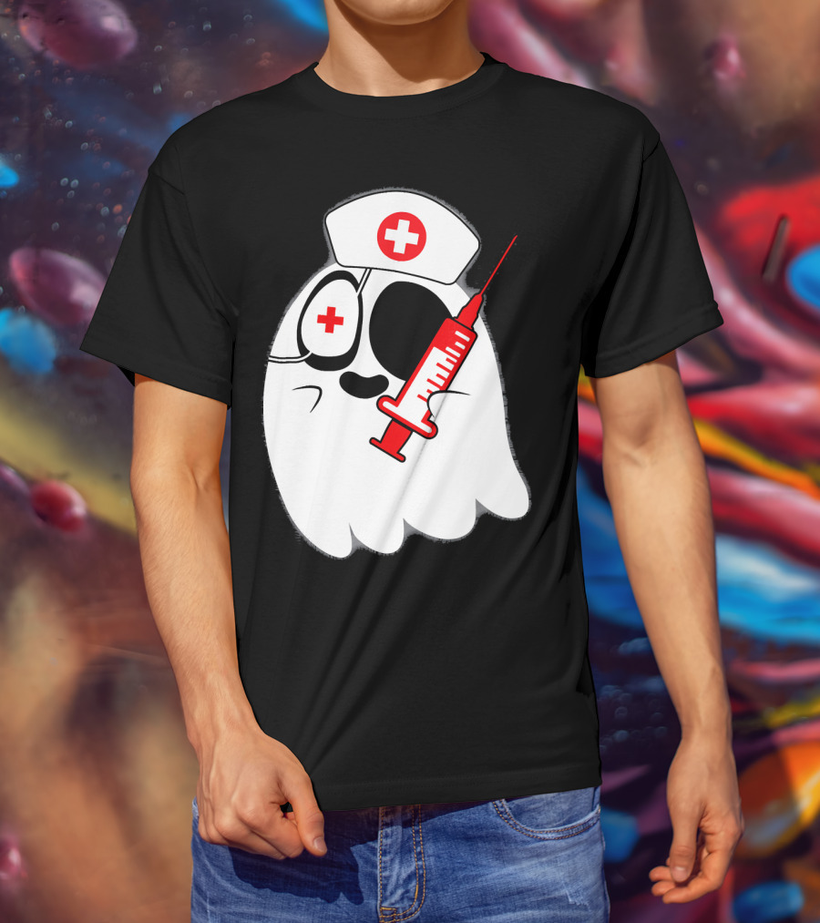 Funny Ghost Nurse Emoji With Syringe Nurse Hat T-Shirt