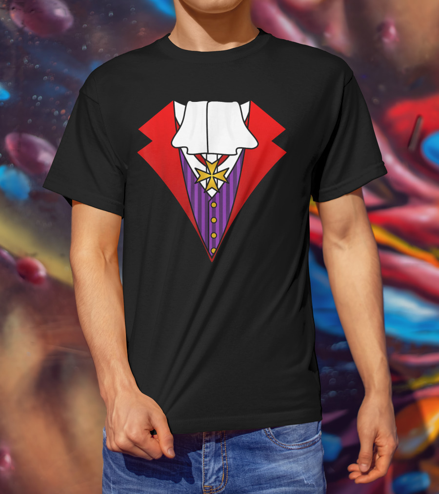 Easy Halloween Costumes Dracula Tuxedo Red Jacket Purple Vest White Cravat T-Shirt