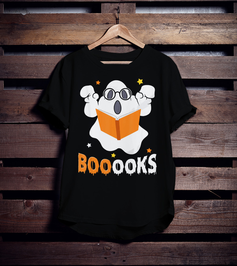 Booooks Ghost With Glasses Holding Orange Book And Stars T-Shirt