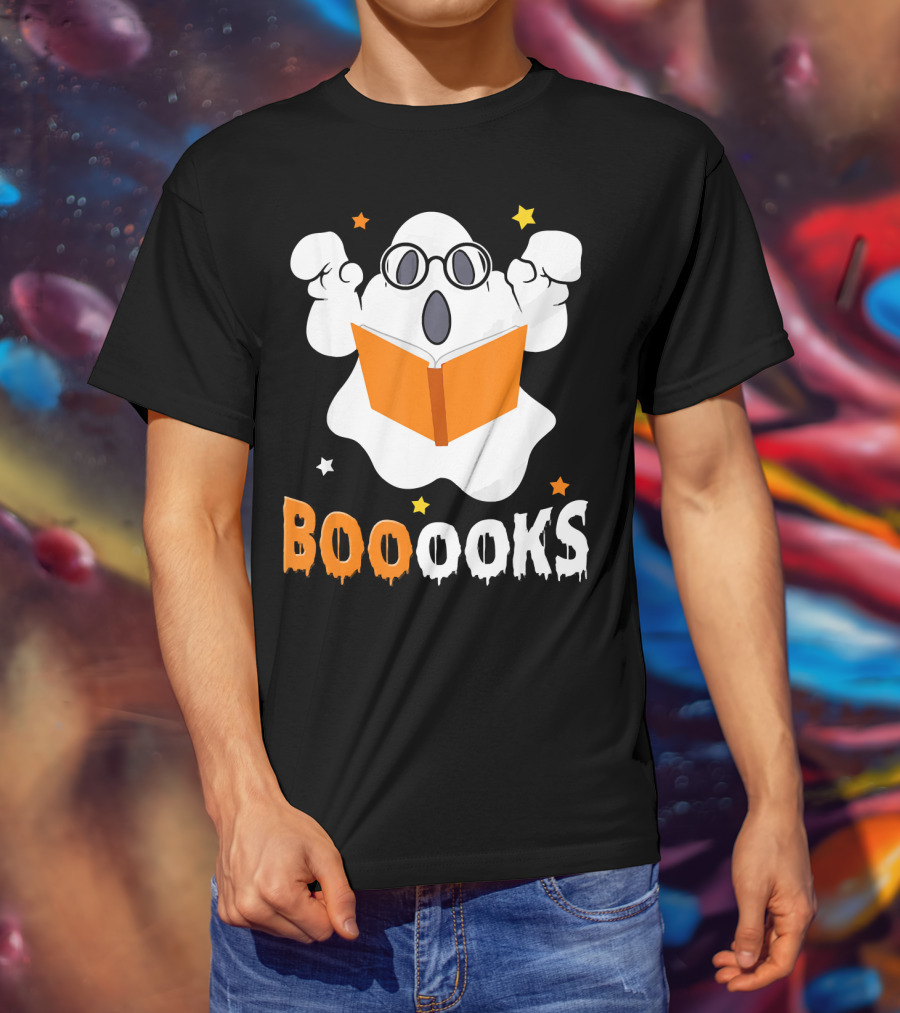 Booooks Ghost With Glasses Holding Orange Book And Stars T-Shirt