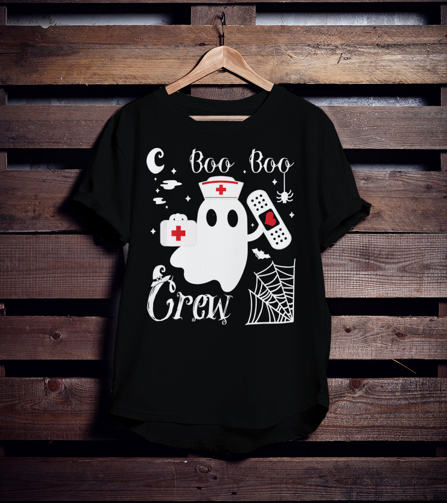 Boo Boo Crew Ghost Nurse With Bandage And Spider Web And Medical Symbols T-Shirt