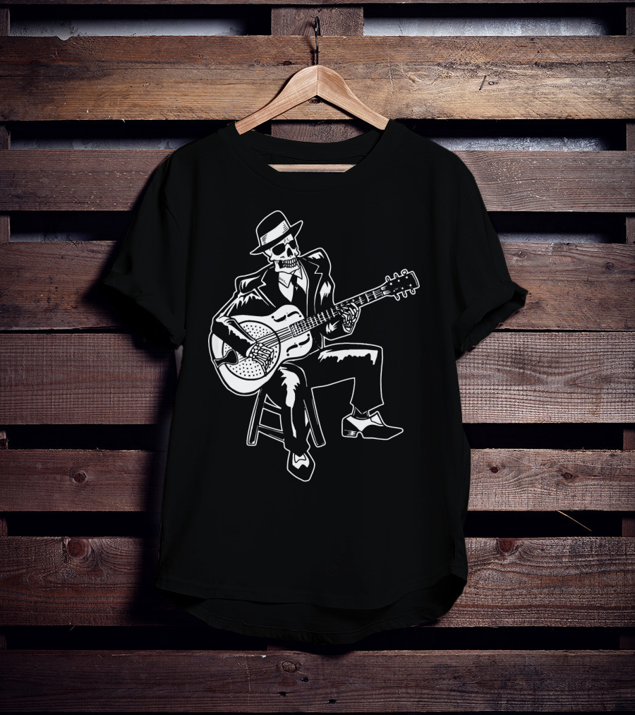 Blues Music Skeleton Playing Guitar With Fedora And Suit T-Shirt