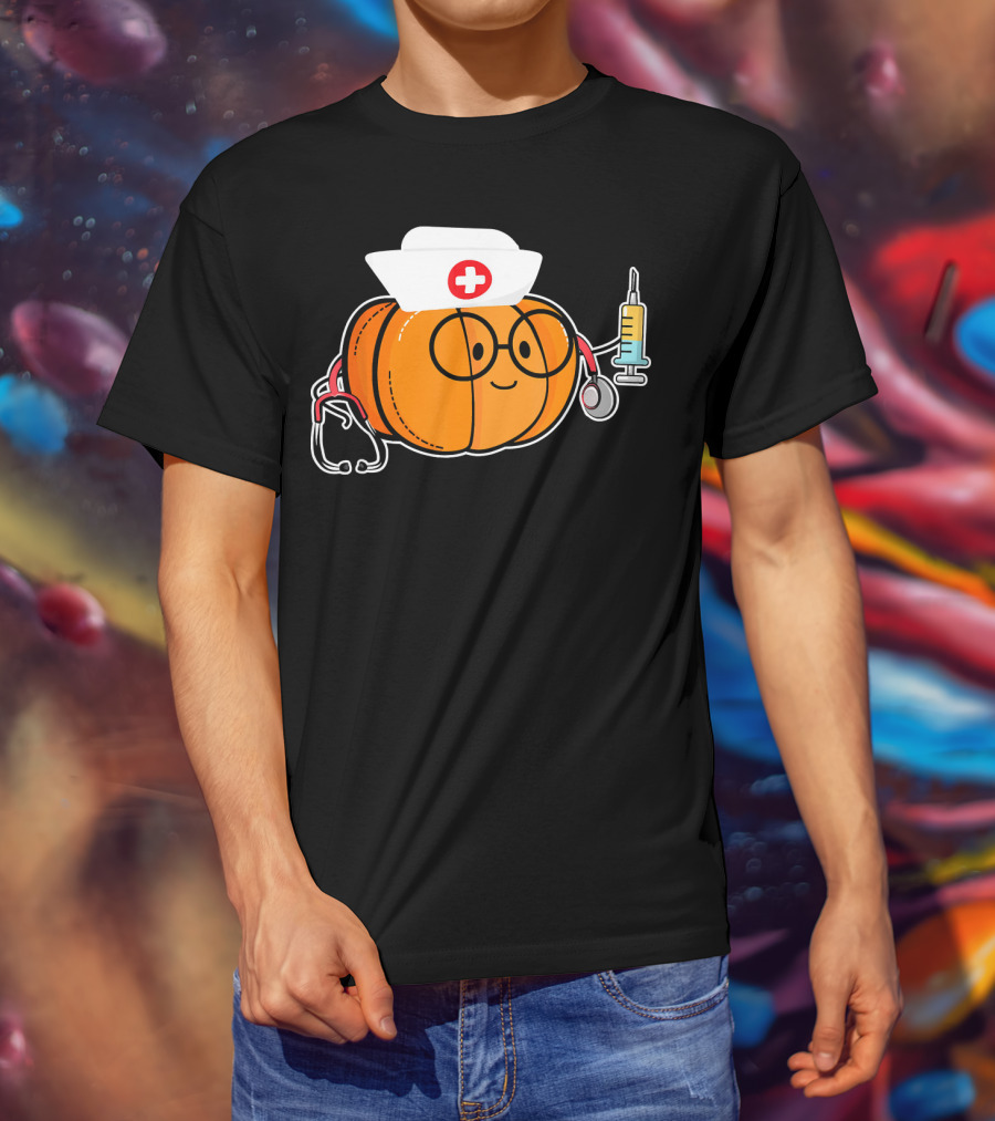Nurse Halloween Pumpkin With Stethoscope And Syringe Smiling Face T-Shirt