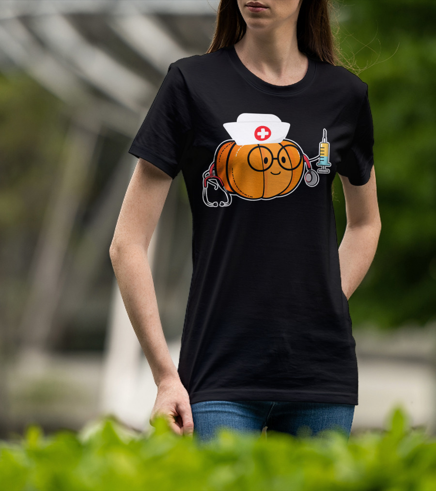 Nurse Halloween Pumpkin With Stethoscope And Syringe Smiling Face T-Shirt