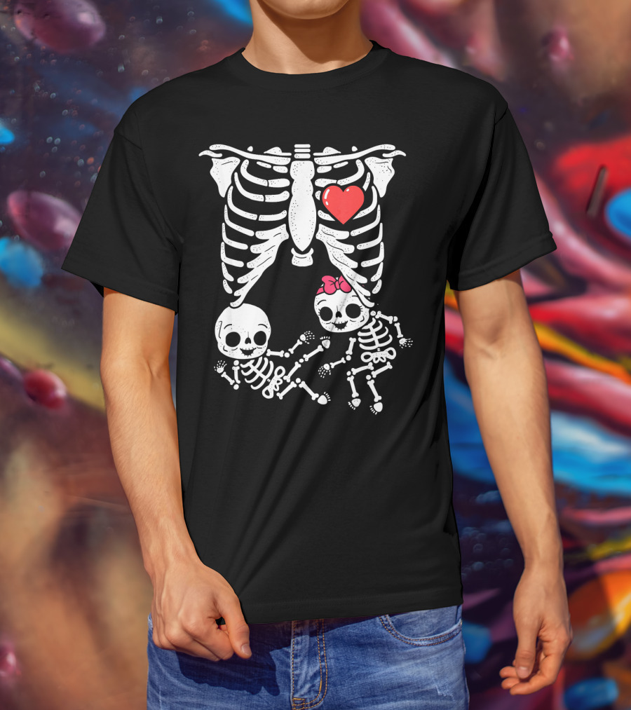 Skeleton Pregnancy Announcement With Baby Skeletons And Heart T-Shirt