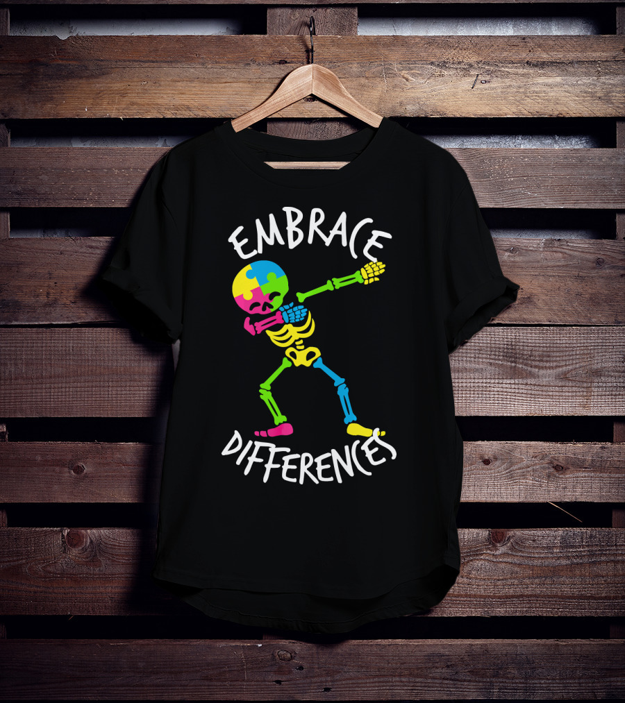 Embrace Differences Autism Awareness Colorful Skeleton Dabbing T-Shirt