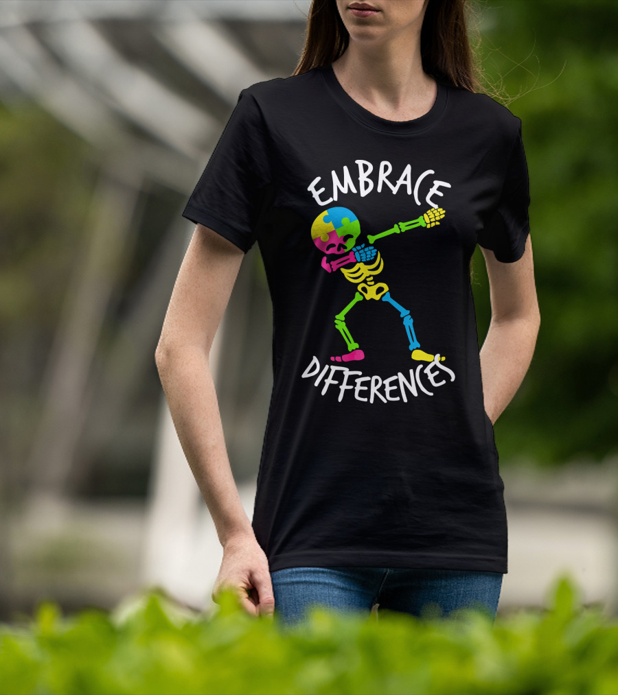 Embrace Differences Autism Awareness Colorful Skeleton Dabbing T-Shirt