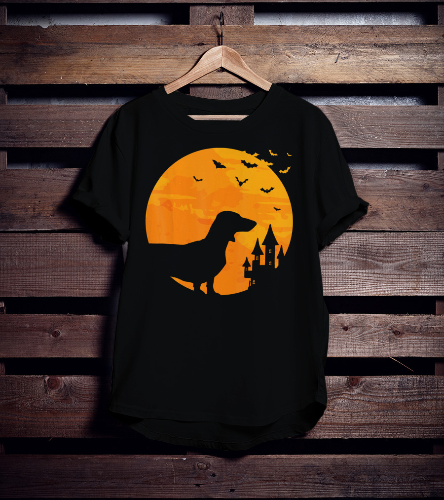 Dachshund Halloween Silhouette With Bats And Haunted Castle T-Shirt