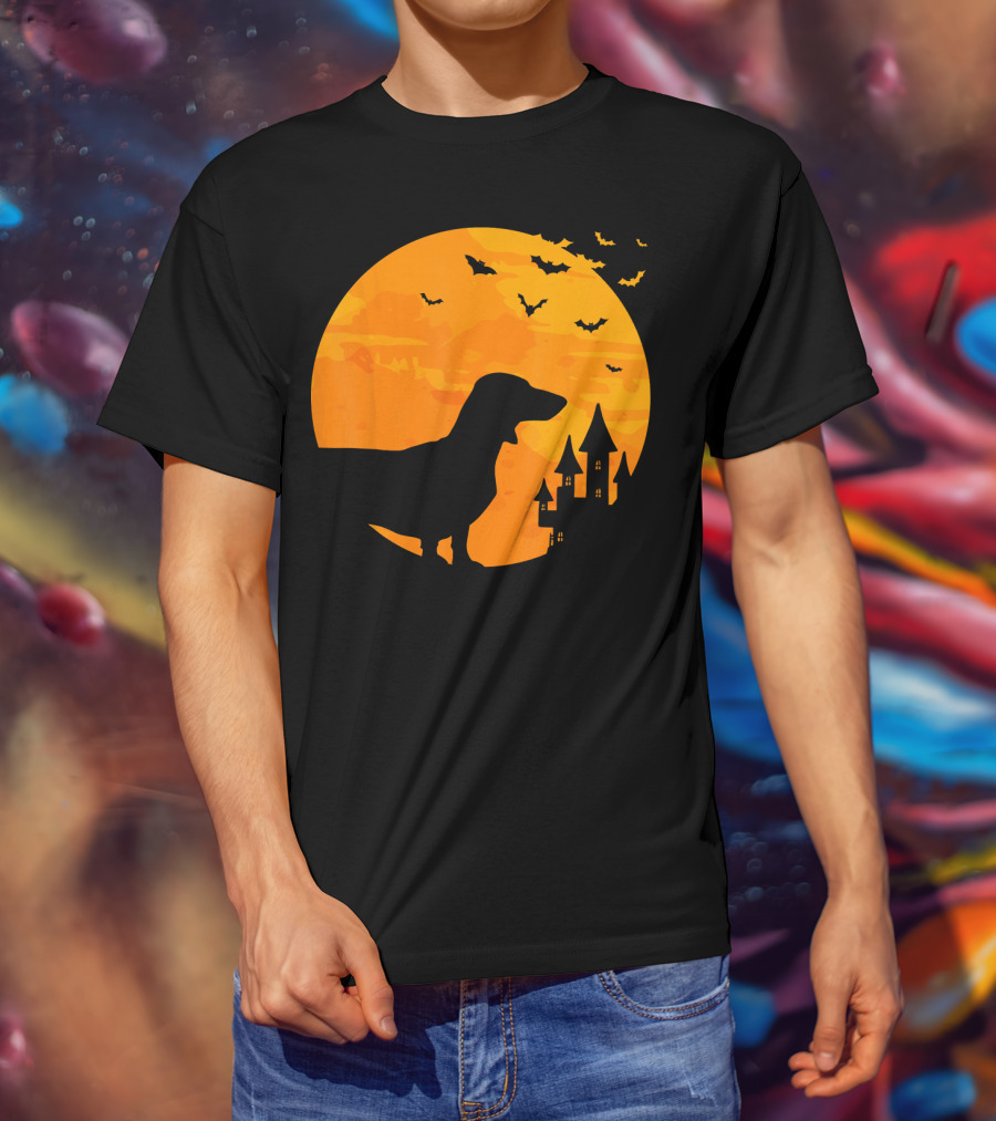 Dachshund Halloween Silhouette With Bats And Haunted Castle T-Shirt