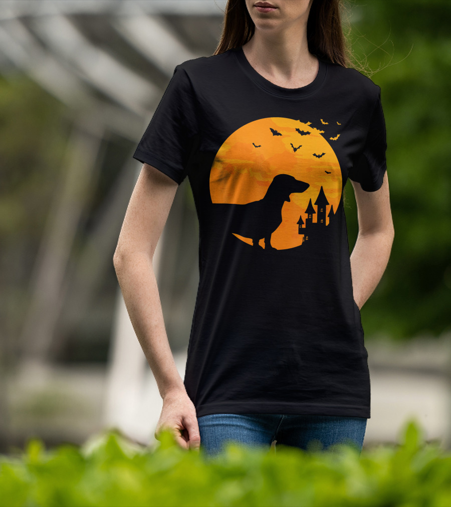 Dachshund Halloween Silhouette With Bats And Haunted Castle T-Shirt