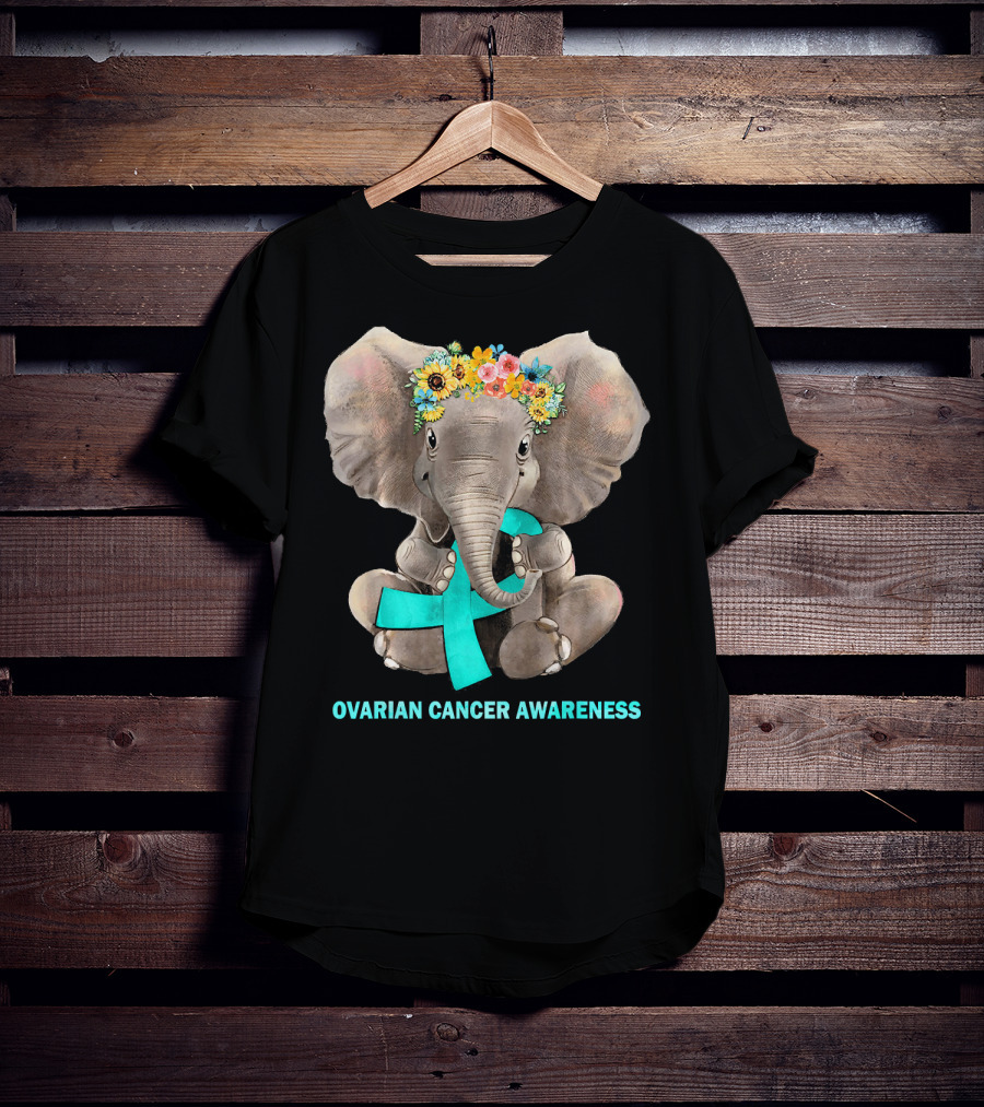 Hippie Elephant Holding Teal Ribbon Ovarian Cancer Awareness T-Shirt