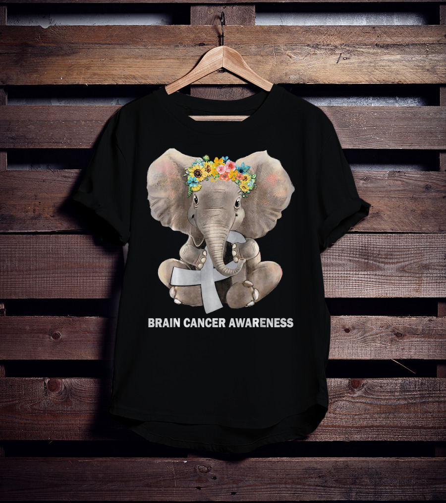Hippie Elephant Holding Gray Ribbon Brain Cancer Awareness T-Shirt