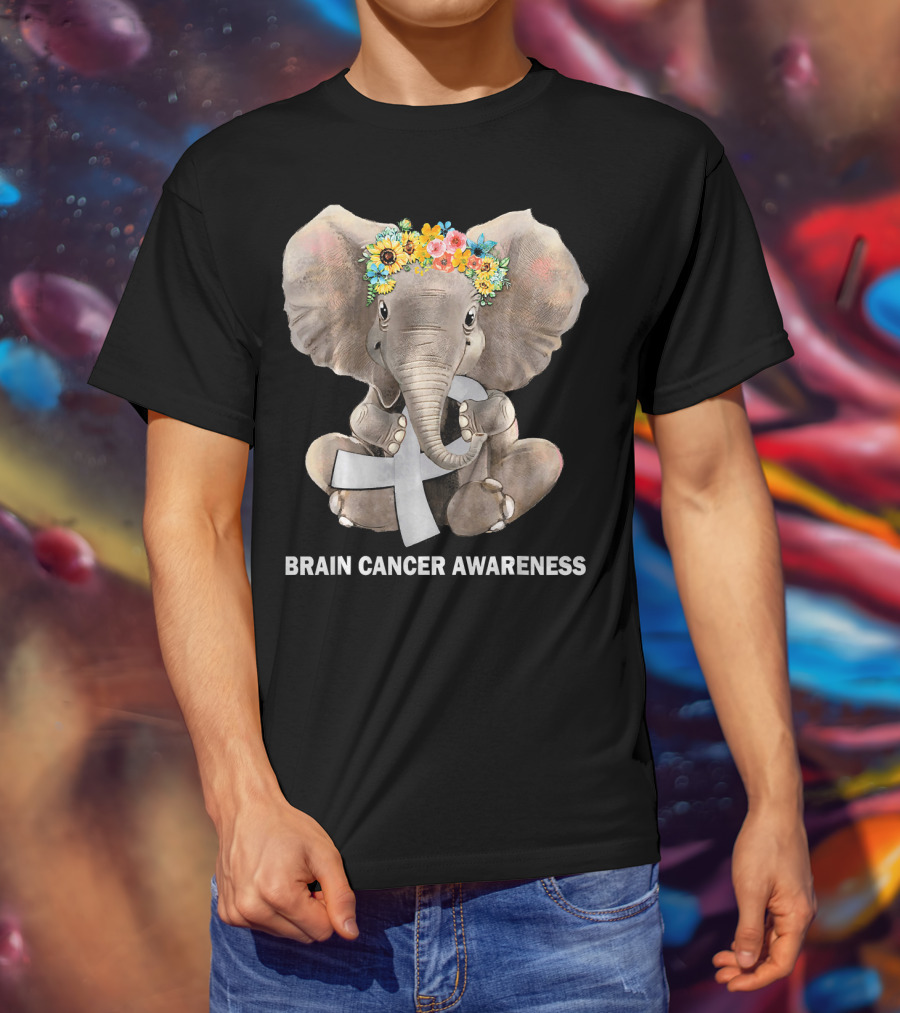 Hippie Elephant Holding Gray Ribbon Brain Cancer Awareness T-Shirt