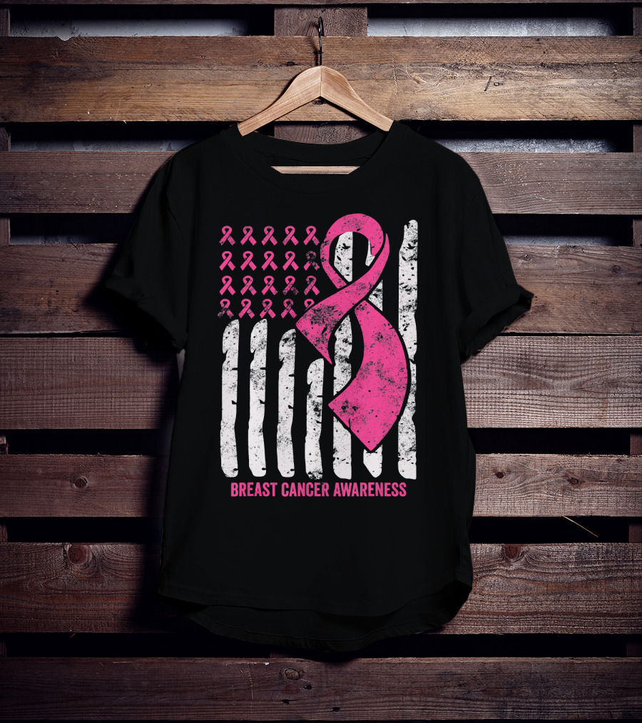 Breast Cancer Awareness Distress Pink Ribbon American Flag T-Shirt