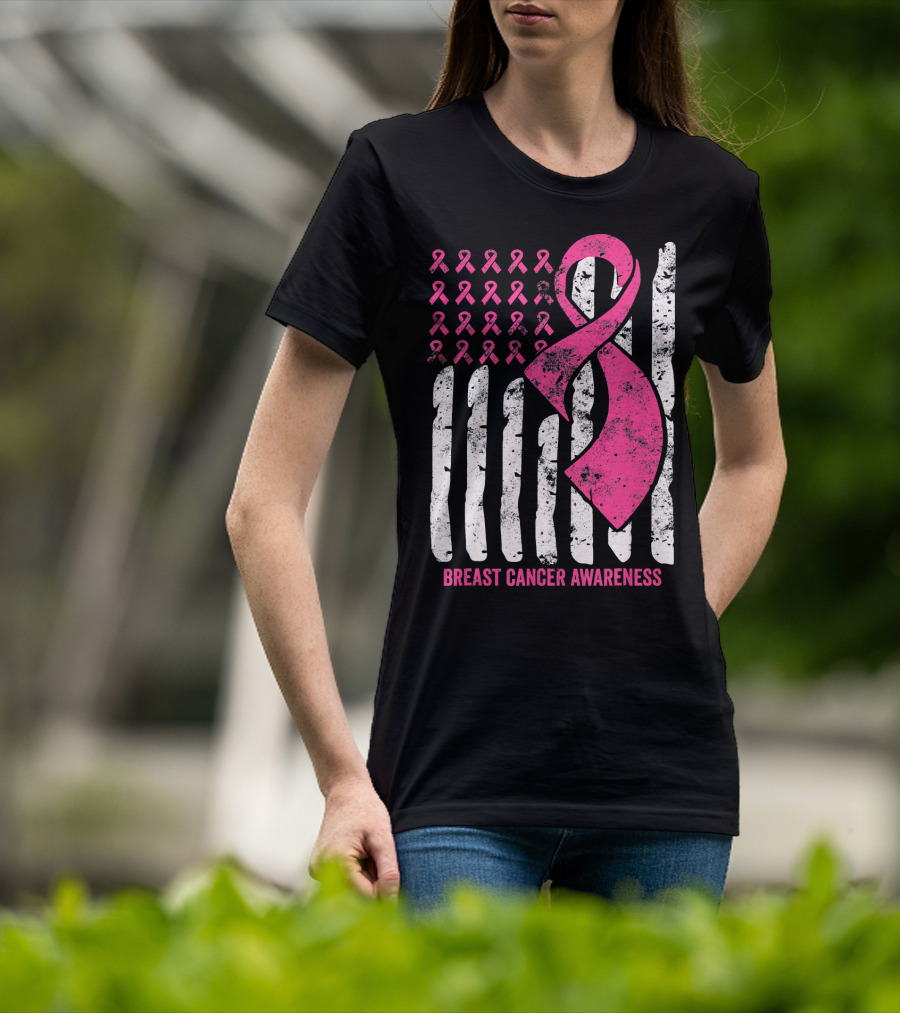 Breast Cancer Awareness Distress Pink Ribbon American Flag T-Shirt