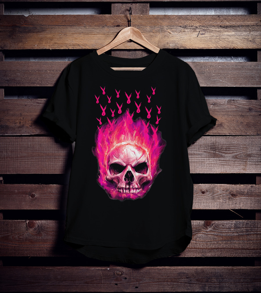 Halloween Skull Flaming Pink Ribbon Breast Cancer Awareness T-Shirt