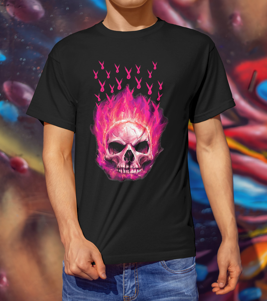 Halloween Skull Flaming Pink Ribbon Breast Cancer Awareness T-Shirt