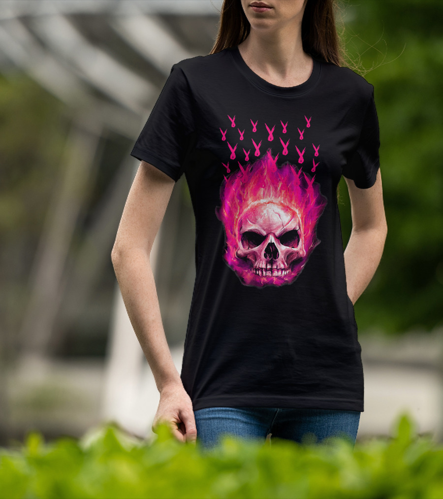 Halloween Skull Flaming Pink Ribbon Breast Cancer Awareness T-Shirt