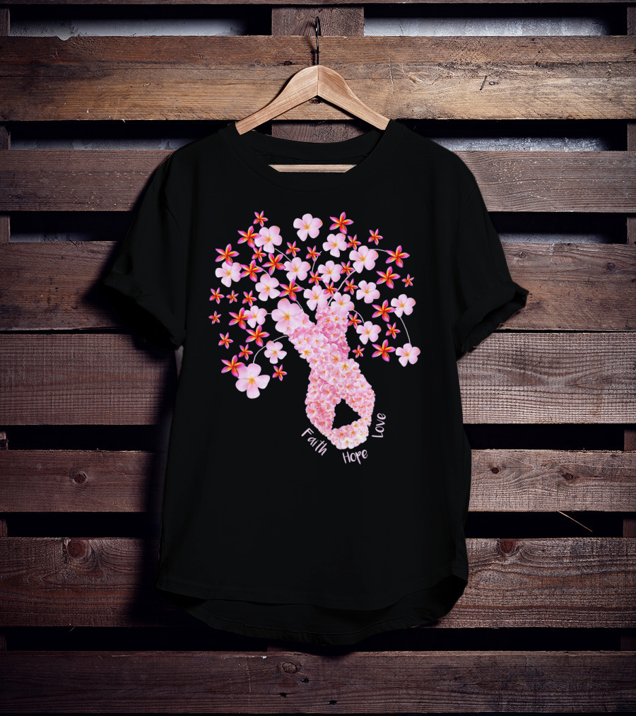 Faith Hope Love Breast Cancer Ribbon Floral Blossoms T-Shirt