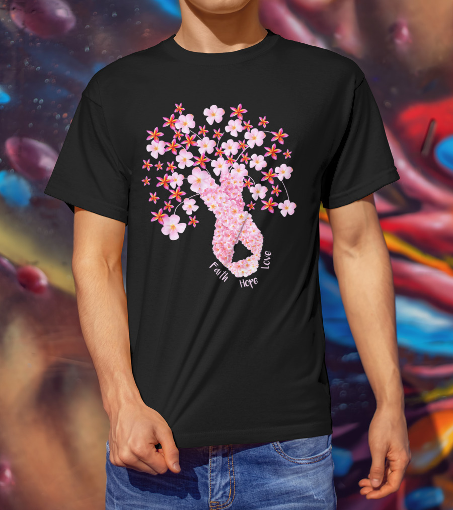 Faith Hope Love Breast Cancer Ribbon Floral Blossoms T-Shirt