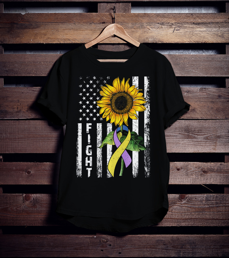 USA Flag Sunflower Fight Ribbon Bladder Cancer T-Shirt