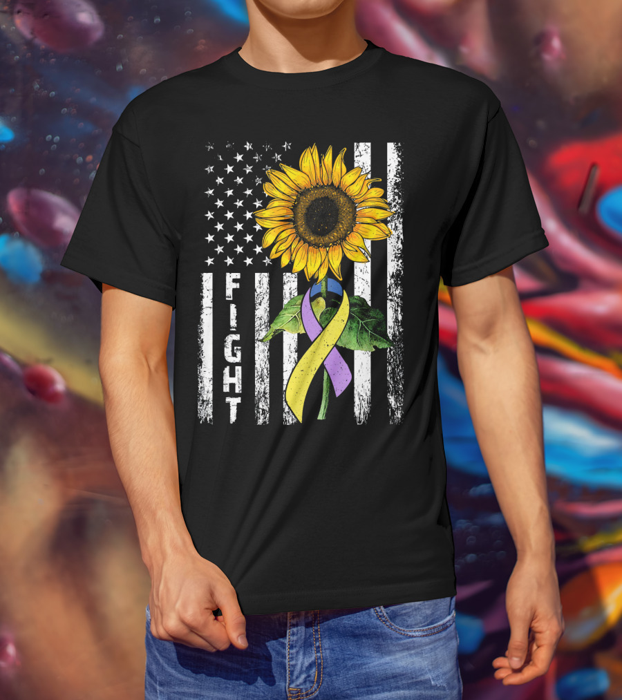 USA Flag Sunflower Fight Ribbon Bladder Cancer T-Shirt