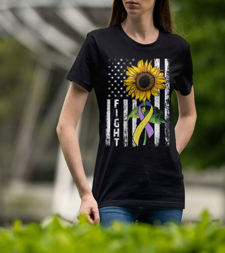 USA Flag Sunflower Fight Ribbon Bladder Cancer T-Shirt